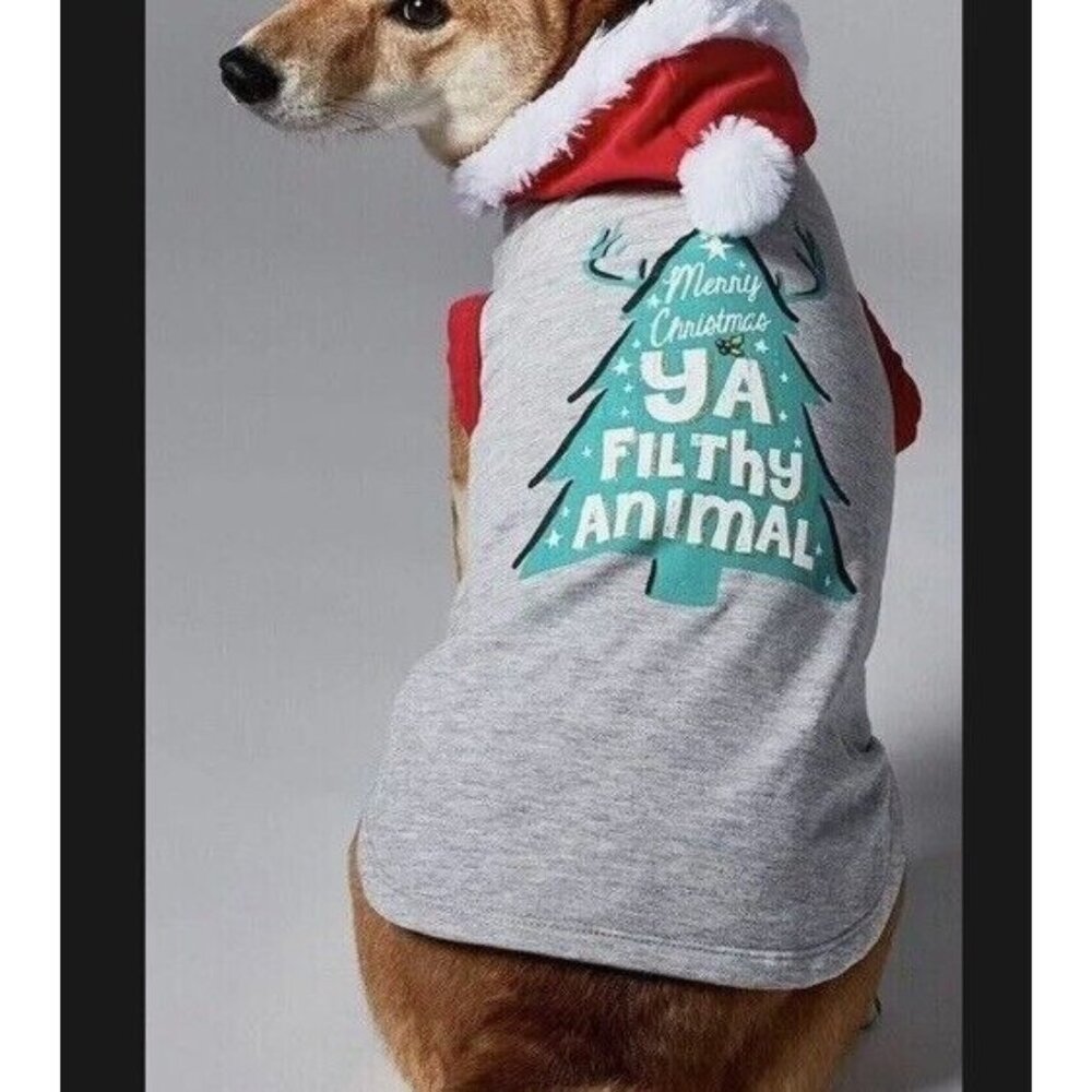 Pup Crew Dog Gray Santa Hoodie "Merry Christmas ya filthy animal" Size Small New